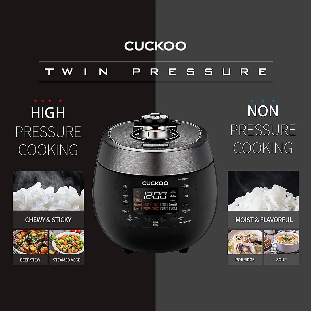 Cuiseur à riz double pression 6 tasses avec plateau à vapeur CUCKOO, 14 modes : Riz blanc, Riz GABA, Vapeur, Porridge, Riz roussi et plus, CRP-RT0609FB, Noir