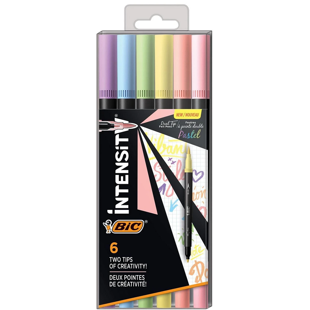 BIC Intensity Dual-Tip Colouring Felt Pens, (0.7 mm) Fine Tip and Flexible Brush in Assorted Pastel Tones, 6 Count, 6 Count