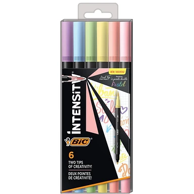 Feutres de coloriage BIC Intensity à double pointe, pointe fine (0,7 mm) et pinceau flexible dans des tons pastel assortis, Lot de 6 Lot de 6