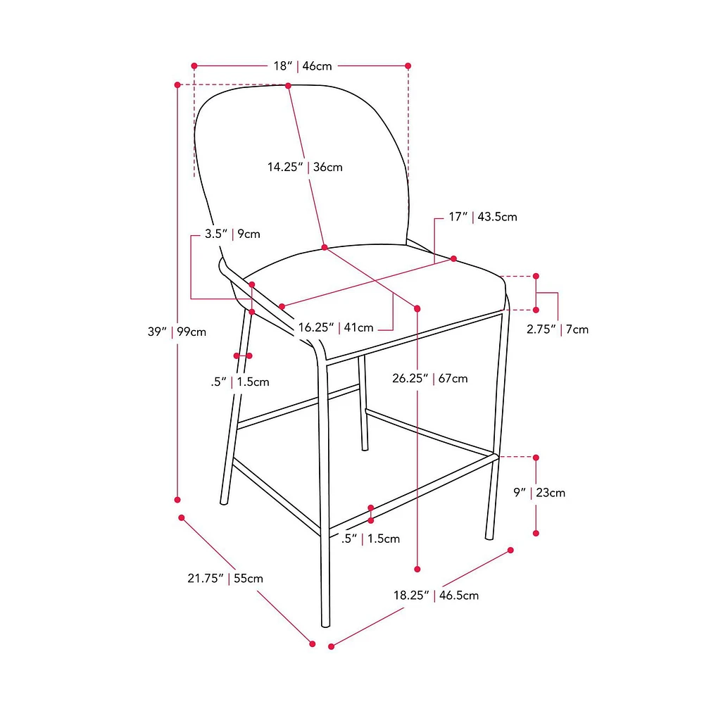 CorLiving Blakeley Tabouret de bar moderne rembourré à hauteur de comptoir avec pieds en métal – Vendu à l'unité – Tabourets de bar de cuisine confortables, tabourets de comptoir de bar et chaises à h
