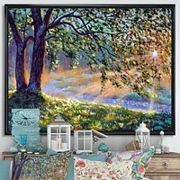Designart Arbre au bord de la rivière Premiers rayons du soleil de l'après-midi ART MURAL À CADRE FLOTTÉ
