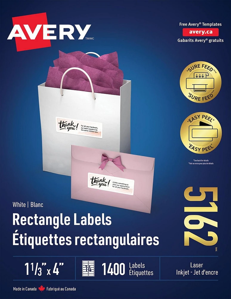 Avery® Étiquettes rectangulaires blanches Avery® avec technologie Easy Peel®, Sure FeedMC 1⅓ po x 4 po, pour imprimantes laser et à jet d’encre - 5162