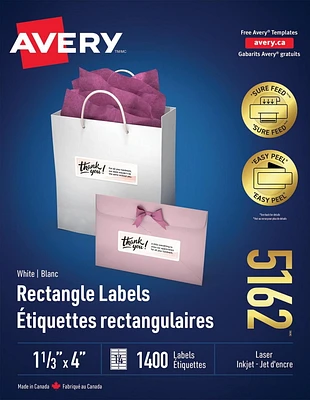 Avery® Étiquettes rectangulaires blanches Avery® avec technologie Easy Peel®, Sure FeedMC 1⅓ po x 4 po, pour imprimantes laser et à jet d’encre - 5162