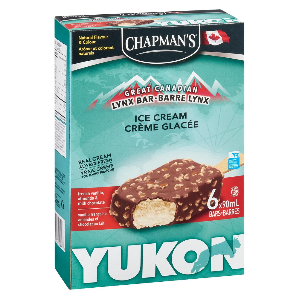 Chapman's Yukon Lynx French Vanilla and Almond Ice Cream Bar, 6 x 90mL