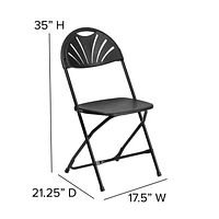 Lot de 2 pièces - Chaise pliante de la série HERCULES en plastique noir à dossier Fan, avec une capacité de 650 lb.