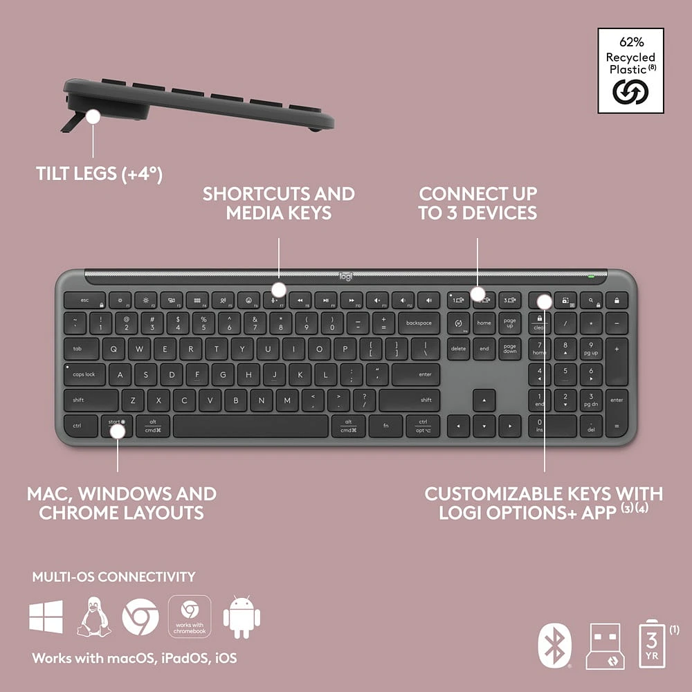 Logitech MK955 Signature Slim ensemble clavier et souris sans fil, pour grandes mains, frappe et clics discrets - Noir