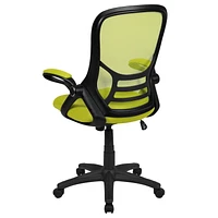 Chaise de bureau ergonomique pivotante en maille verte à dossier haut avec cadre noir et bras rabattables