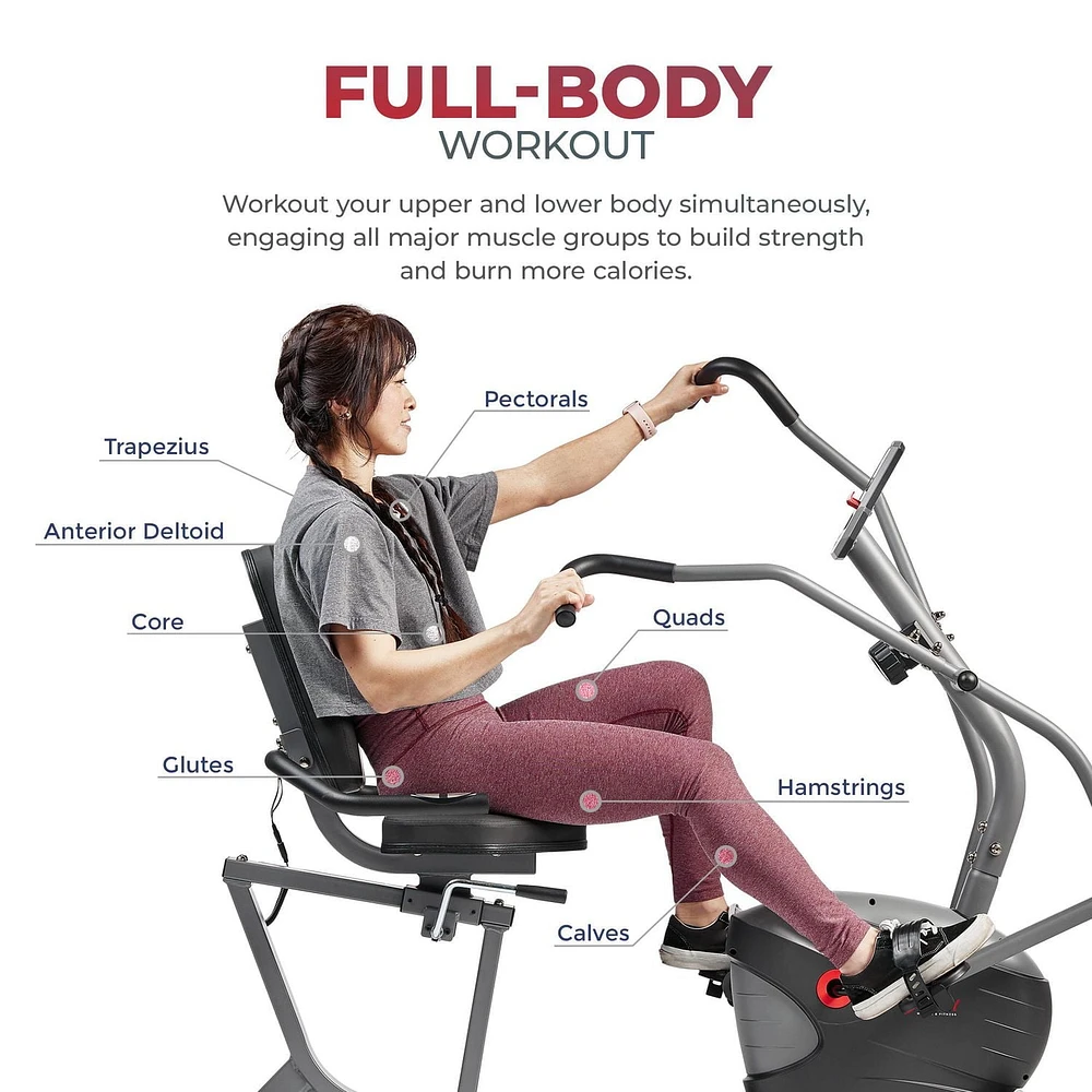 Sunny Health & Fitness Compact Performance Recumbent Bike with Dual Motion Arm Exercisers, Quick Adjust Seat & Exclusive SunnyFit App Enhanced Bluetooth Connectivity