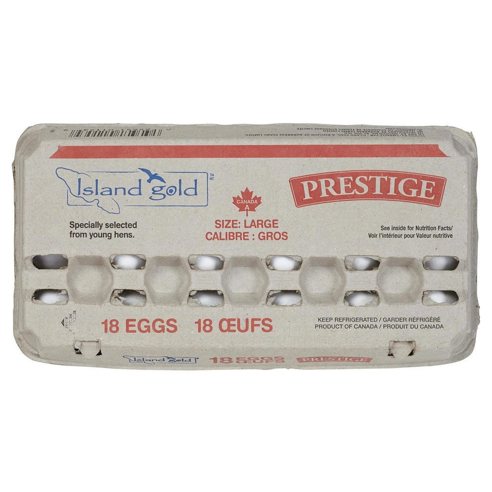 Island Gold Prestige 18 Pack Large White Eggs, 18 eggs / carton