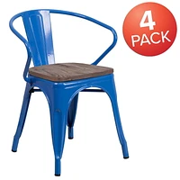 4 Pk. Blue Metal Chair with Wood Seat and Arms