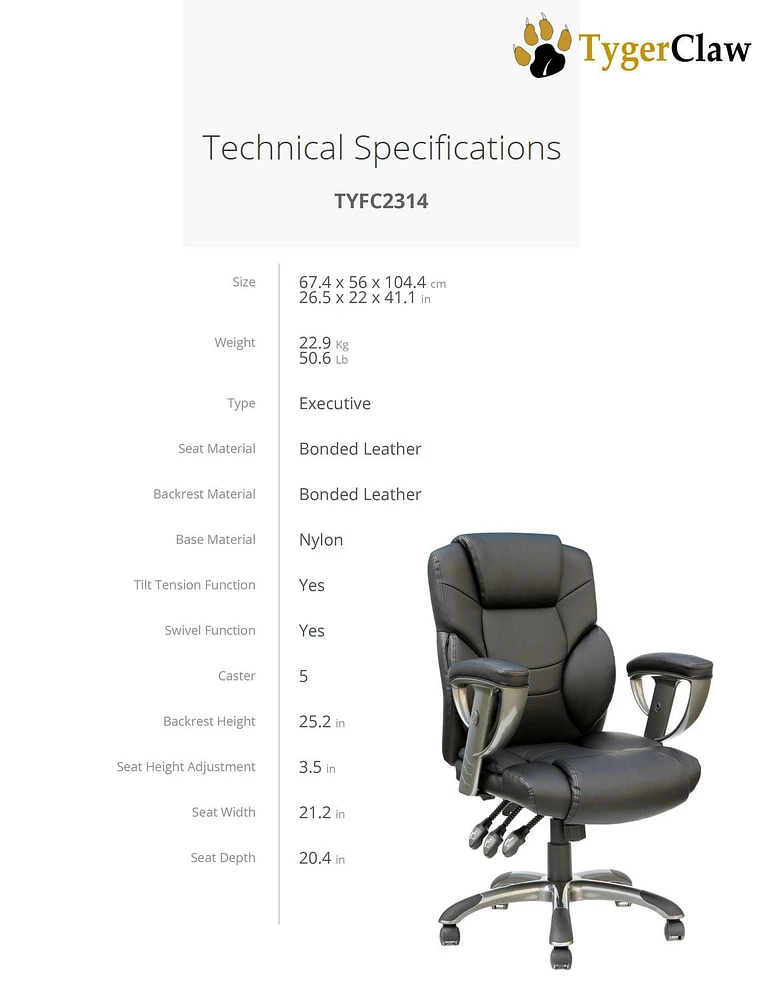 Fauteuil de bureau exécutif en cuir reconstitué à dossier haut TygerClaw
