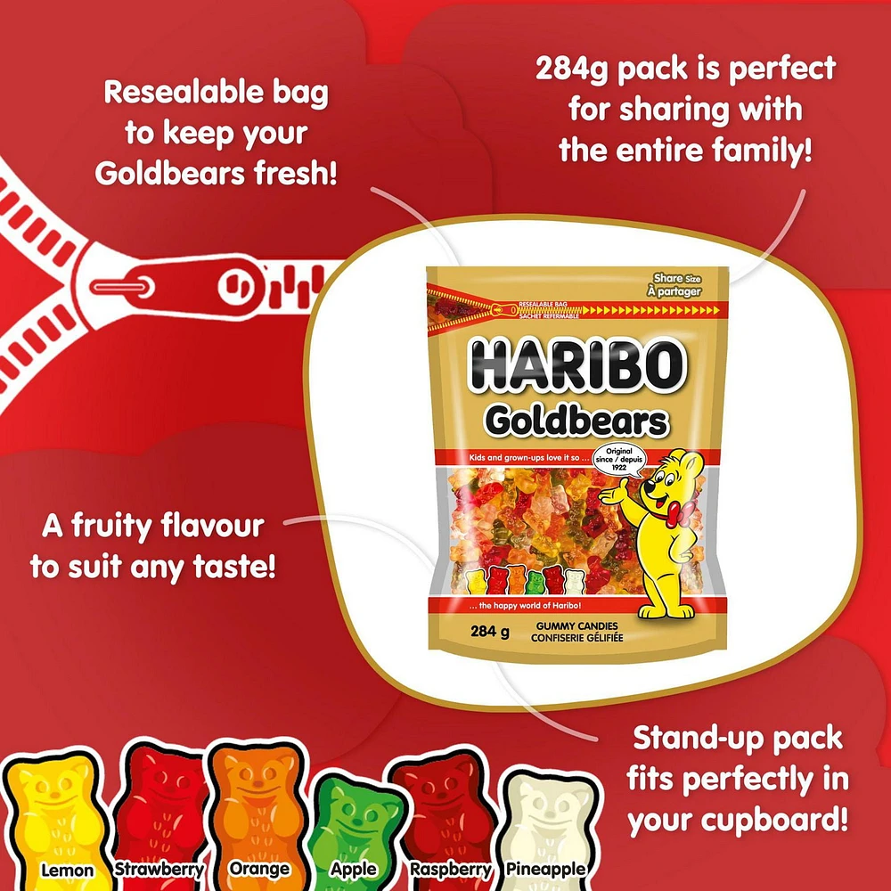 Haribo Goldbears Gummy Candy, Resealable Bag, No Artificial Colours, 284g