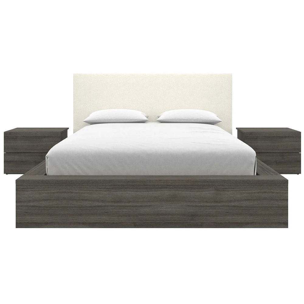 Ensemble de chambre à coucher Jane 4 pièces avec lit queen size, tête de lit rembourrée et 2 tables de chevet