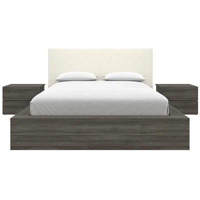 Ensemble de chambre à coucher Jane 4 pièces avec lit queen size, tête de lit rembourrée et 2 tables de chevet