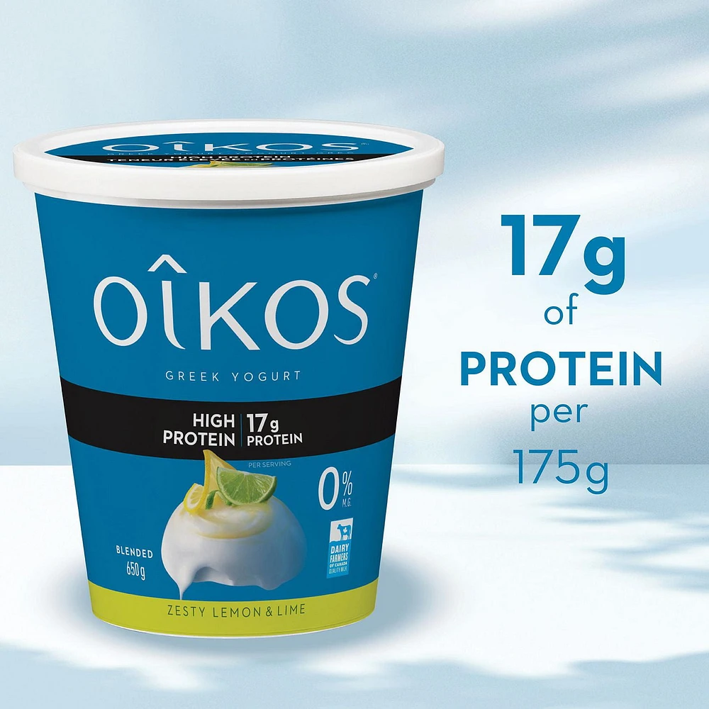 Oikos High Protein Greek Yogurt, Zesty Lemon & Lime Flavour, Blended, Value Tub, 650 g