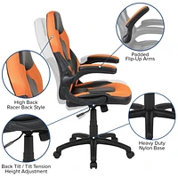 Fauteuil de jeu ergonomique de style course LeatherSoft à dossier haut,  avec appui-bras rabattables, orange / noir