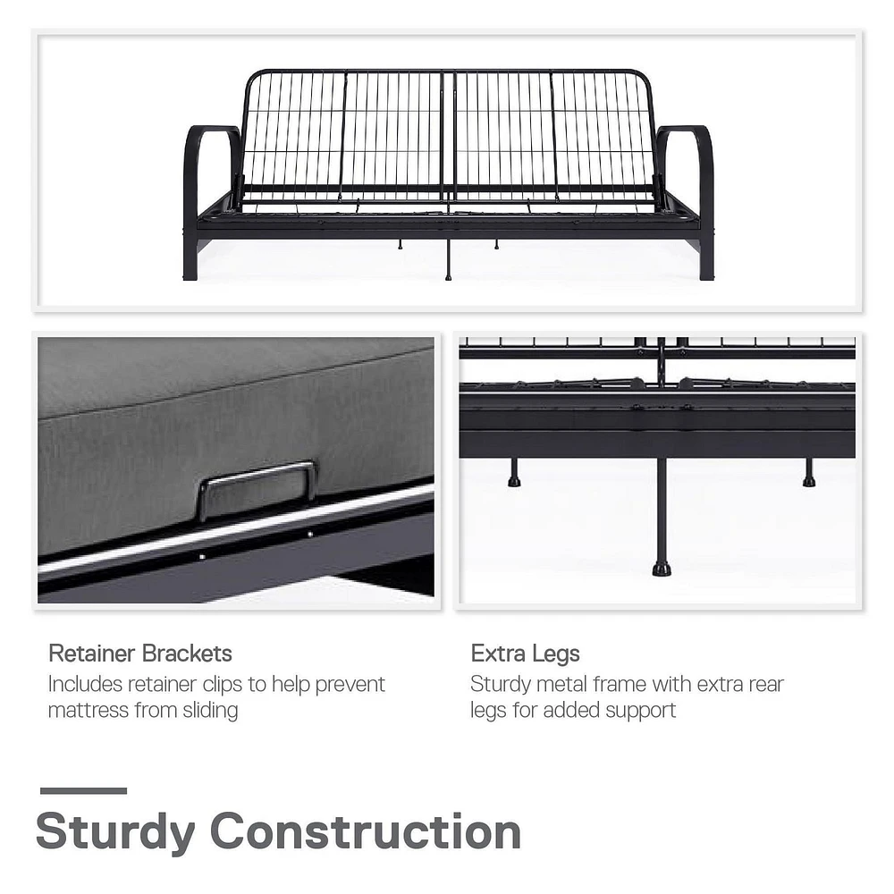 DHP Black Metal Arm Futon Frame with 6-Inch Pocket Coil Futon Mattress