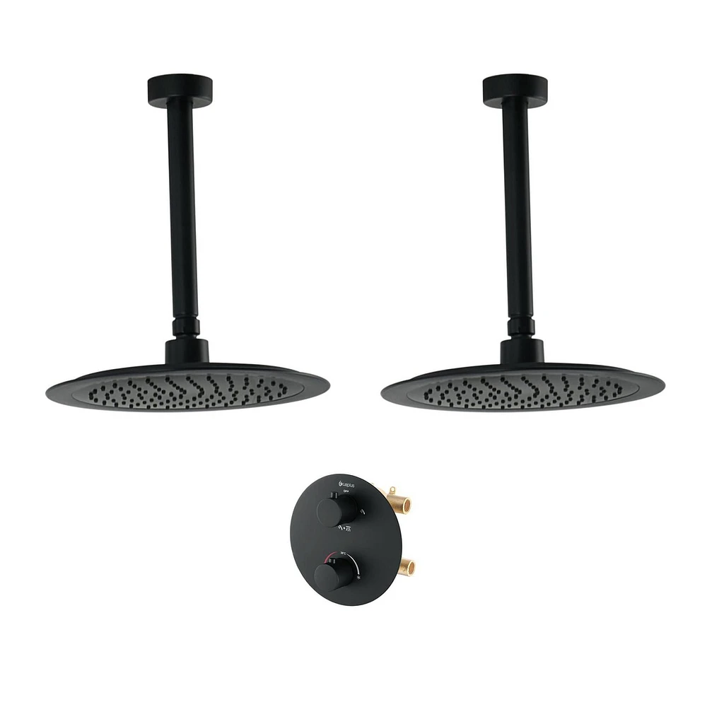 Ensemble de douche thermostatique d'akuaplus(MD) avec Déviateur 4 voies, 2 pommeaux de douche de 9.5 po ou simultanément avec arrêt, fini noir mat