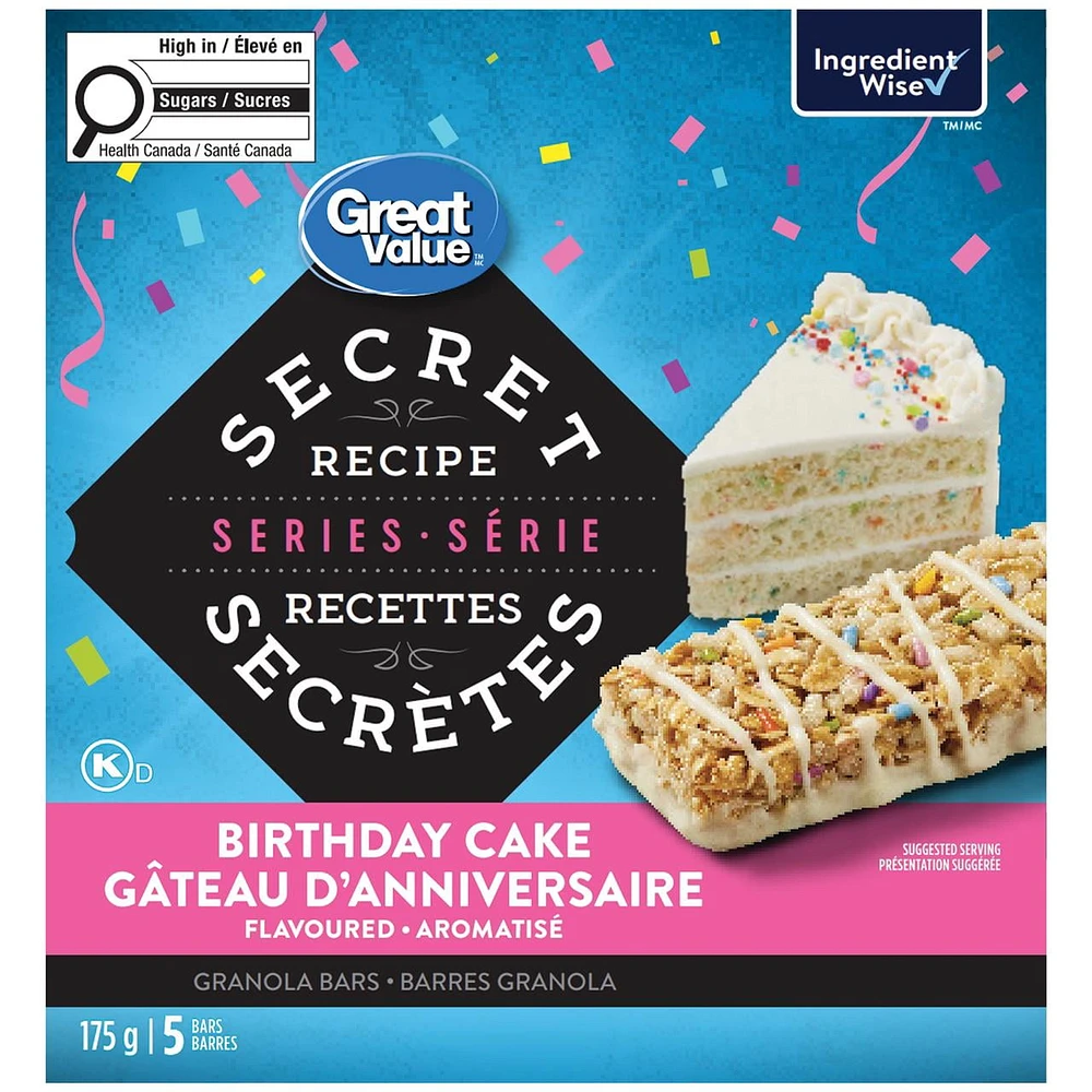 Great Value Secret Recipe Series Birthday Cake Flavoured Granola Bars, 175 g