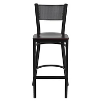 2 Pk. HERCULES Series Black Grid Back Metal Restaurant Barstool - Mahogany Wood Seat