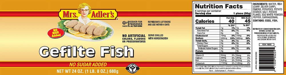 MRS ADLER Gefilte Fish No Sugar KPY 680g, Gefilte Fish No Sugar KPY