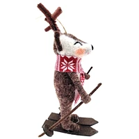 Holiday Time wool polyester Skiing Reindeer ornament - Brown / White / Red