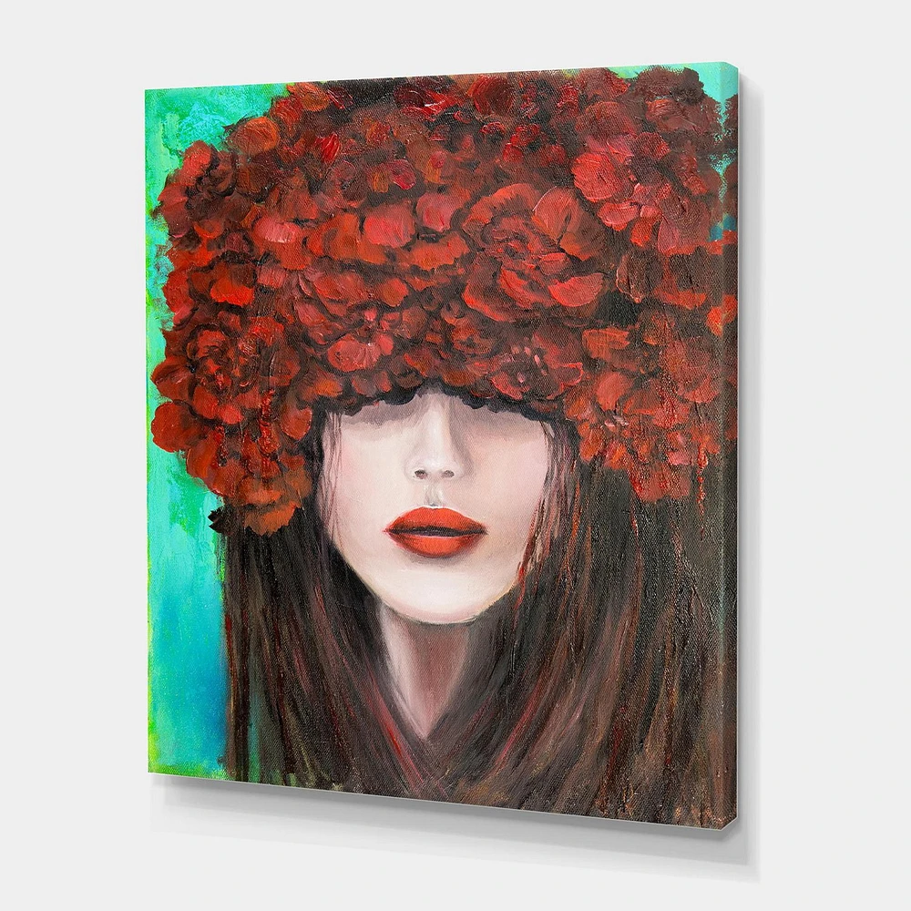 Designart Portrait d'une jeune femme aux fleurs rouges Art mural sur toile