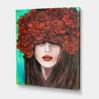 Designart Portrait d'une jeune femme aux fleurs rouges Art mural sur toile