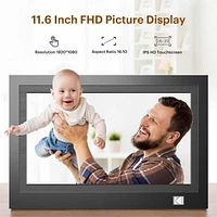 KODAK WiFi Digital Picture Frame, 11.6 Inch 1920 * 1080 IPS FHD Touchscreen Digital Photo Frame with 32GB Storage, Easy Setup to Share Photos or Videos, The Best Gift for Family and Friends(Black)