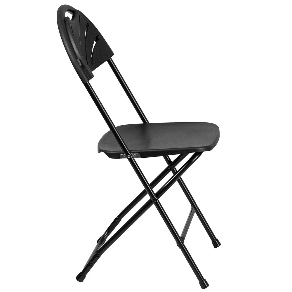 Chaise pliante en plastique noir de la série HERCULES à dossier Fan avec capacité de poids de 650 lb