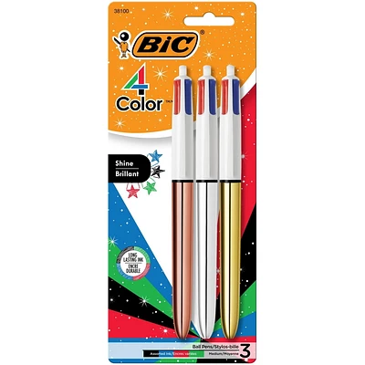 Stylos-billes métalliques rétractables BIC 4 couleurs Brillant, pointe moyenne (1,0 mm), paquet de 3, stylo-bille rétractable avec encre durable Paquet de 3