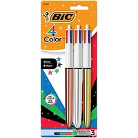 Stylos-billes métalliques rétractables BIC 4 couleurs Brillant, pointe moyenne (1,0 mm), paquet de 3, stylo-bille rétractable avec encre durable Paquet de 3