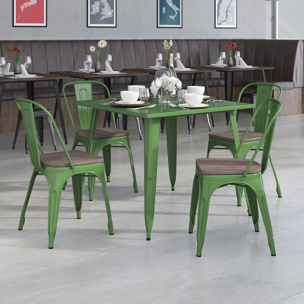 Lot de 4 pièces - Chaise empilable en métal vert avec siège en bois