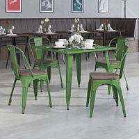 Lot de 4 pièces - Chaise empilable en métal vert avec siège en bois