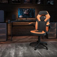 Fauteuil de jeu ergonomique de style course LeatherSoft à dossier haut,  avec appui-bras rabattables, orange / noir