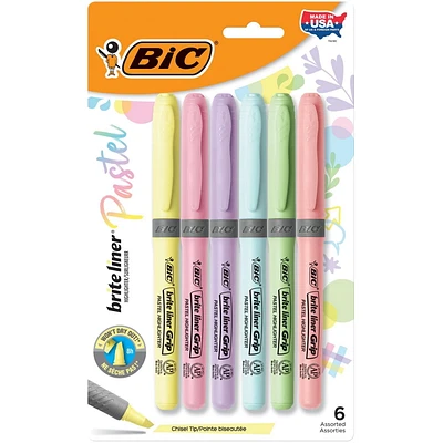 Ensemble de surligneurs pastel à grip BIC Brite Liner, pointe biseautée, paquet de 6 surligneurs pastel de couleurs assorties, jolis surligneurs pour la rédaction de carnets, la prise de notes, etc. Paquet de 6