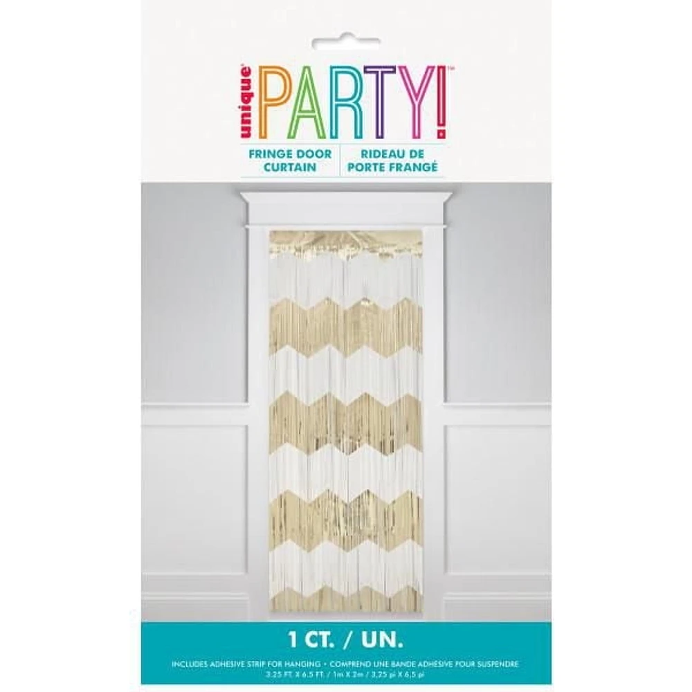 Gold and White Scalloped Foil Fringe Door Curtain, Measures 3.25 ft x 6.5 ft