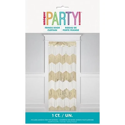 Gold and White Scalloped Foil Fringe Door Curtain, Measures 3.25 ft x 6.5 ft