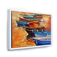 Designart Bateaux dans le port pendant le coucher du soleil chaud de Colourd I ART MURAL À CADRE FLOTTÉ