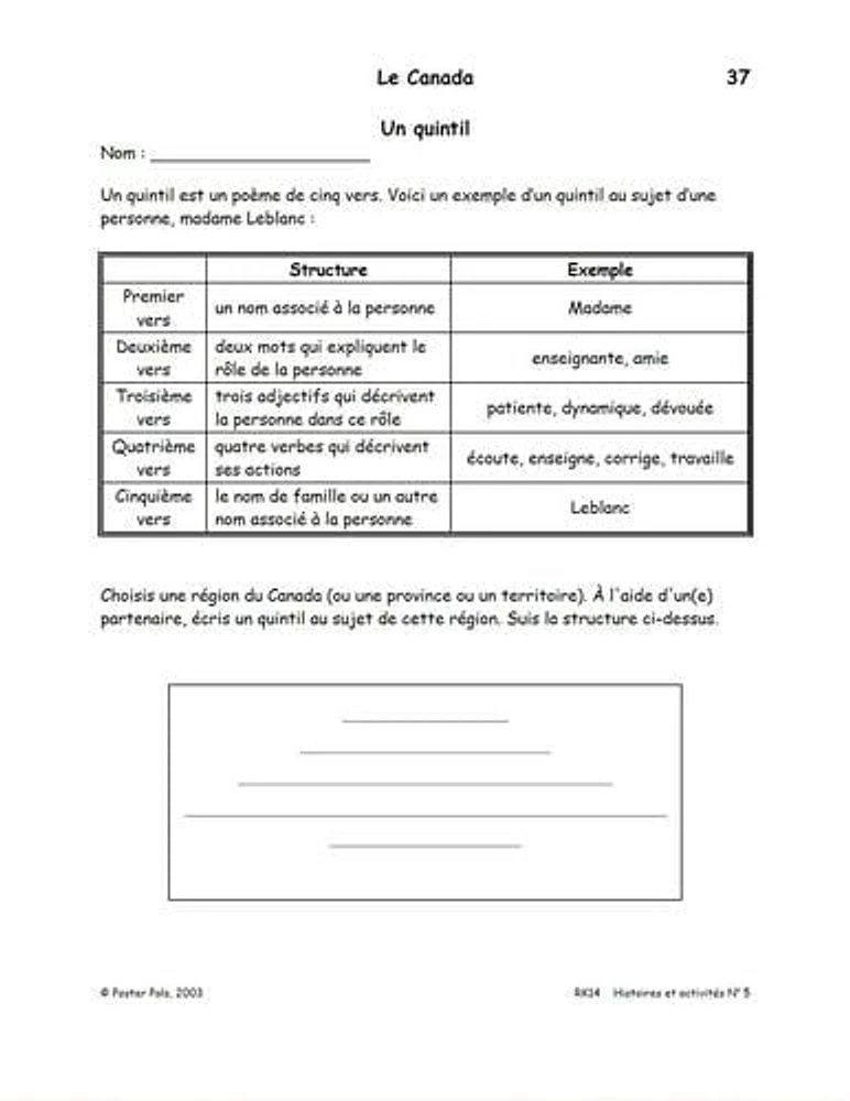 Matrices reproductibles « Histoires et Activités » No. 5 FLS en français pour la salle de classe