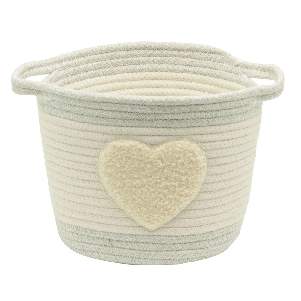 Cotton Rope Storage Basket with Boucle Heart Patch, Ivory with Grey Trim