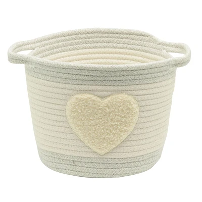 Cotton Rope Storage Basket with Boucle Heart Patch, Ivory with Grey Trim