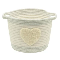 Cotton Rope Storage Basket with Boucle Heart Patch, Ivory with Grey Trim