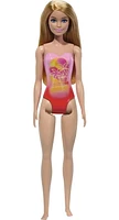 Barbie Poupée Plage Cheveux blonds, maillot rose à imprimé palmiers Âges 3+