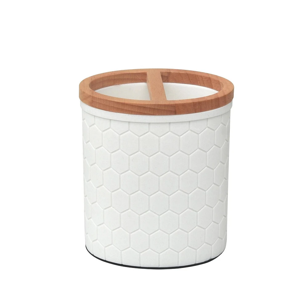 hometrends Porte-brosse à dents en nid d’abeille, grès blanc avec garniture en bois 1 porte-brosse à dents contient des brosses à dents et du dentifrice En grès blanc et en bois
