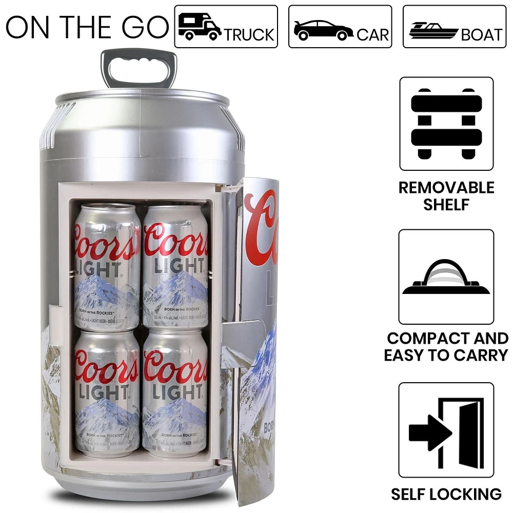 Coors Light 8 Can Portable Mini Fridge, 5.4L Personal Cooler for Office, Dorm, Travel - Silver