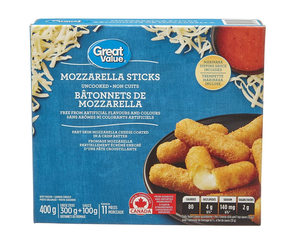 Great Value Frozen Mozzarella Sticks with Marinara Dipping Sauce Appetizers, 11 Pieces, 400g