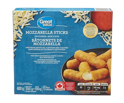 Great Value Frozen Mozzarella Sticks with Marinara Dipping Sauce Appetizers, 11 Pieces, 400g