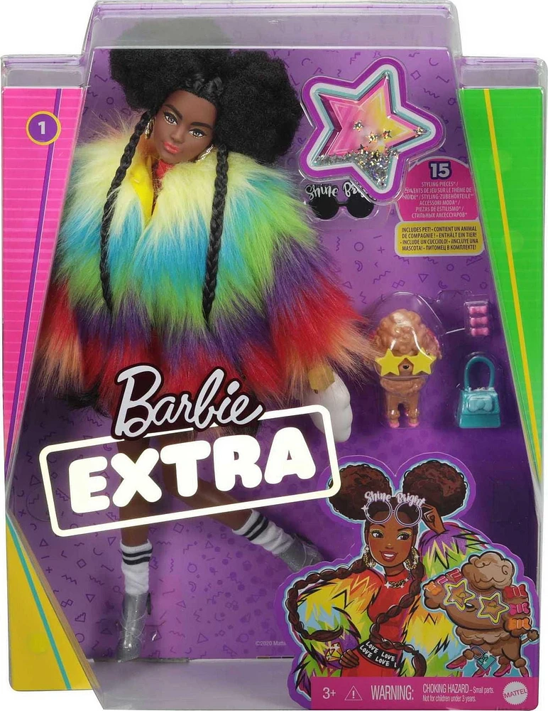 Poupée Barbie Extra #1 vêtue d’un manteau arc-en-ciel en fourrure