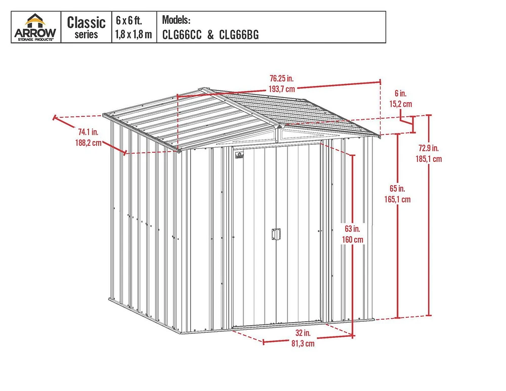 Abri de rangement Arrow Classic en acier, 6x6, charbon Remise en métal 6x6